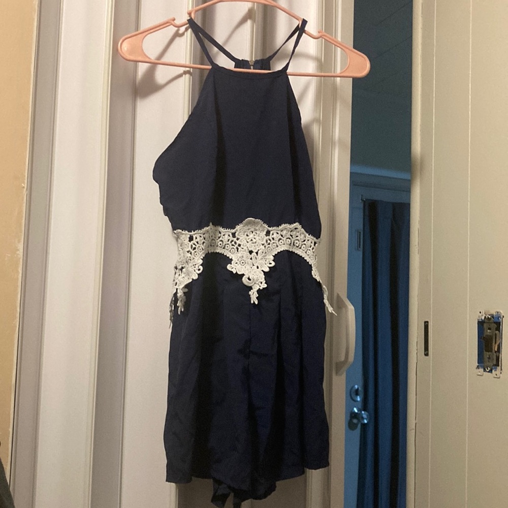 navy romper with lace and racer back size medium